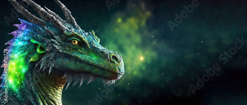 Dragon rainbow hues, celestial background, friendly dragon, esoteric, fantasy, concept of dragon energy, cosmic energy, mythical creature, legend, universe, magic, mystery. Generative AI