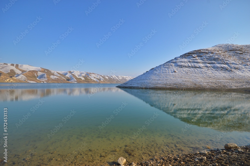 Naklejka premium Azure water on the shore of the mountain lake Pamir 