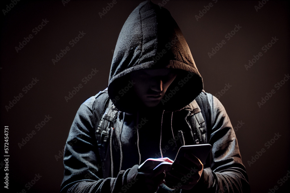 person in dark hoodie looks at a cell phone, generative AI. person in dark hoodie looks at a cell phone, generative AI.