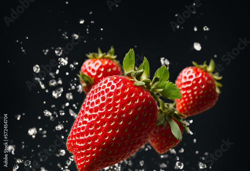 red strawberry falling into water splash