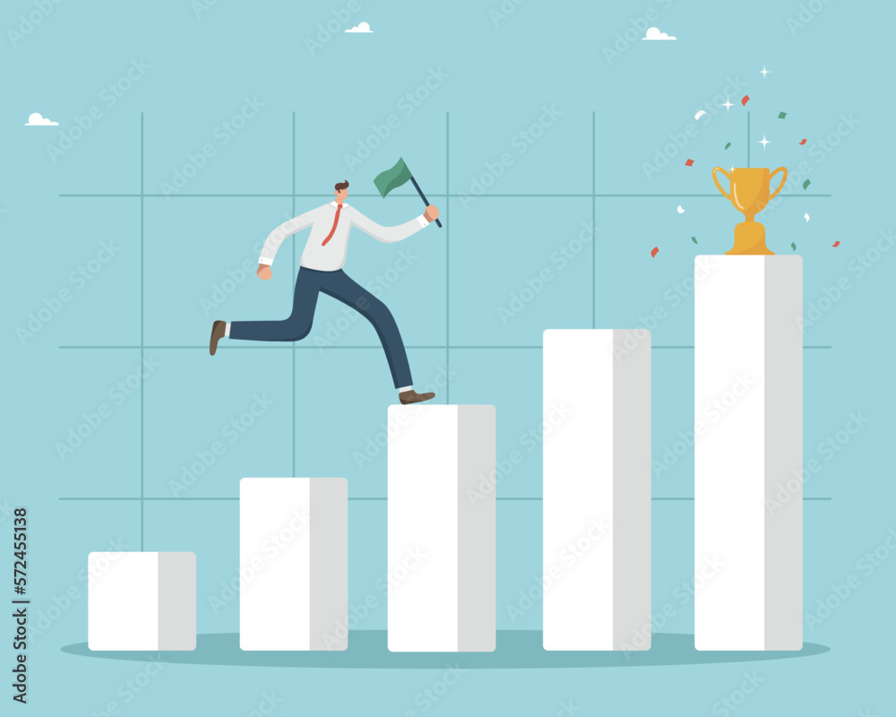 Business winner, achieving a career goal and success, winning a prize or bonus, fulfilling a challenge or mission, the man runs up the bar graph like a ladder of success with a flag to the finale. - obrazy, fototapety, plakaty 