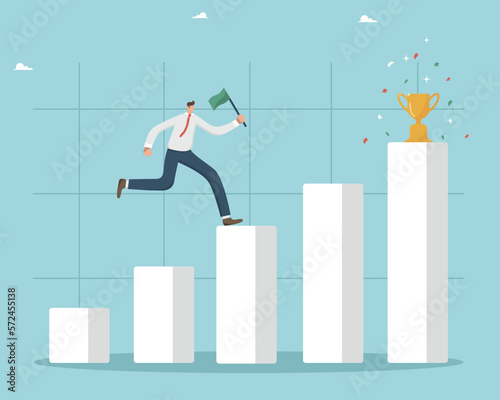 Foto Business winner, achieving a career goal and success, winning a prize or bonus, fulfilling a challenge or mission, the man runs up the bar graph like a ladder of success with a flag to the finale