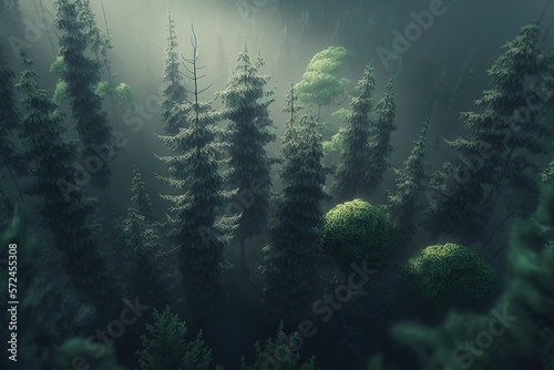Foggy forest. Forest landscape view from above. AI