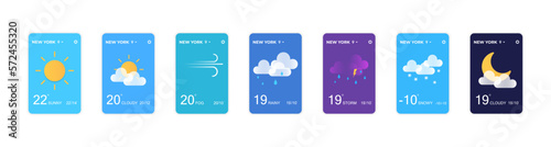 Smartphone screens with banners and weather glass morphism icons. Design for mobile applications and web sites. Ui ux toolkit vector illustration.