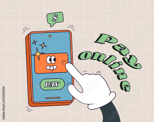 Pay by credit card via electronic wallet wirelessly on phone. Hand with smartphone online banking. nline shopping spending. Old cartoon style cute credit card
