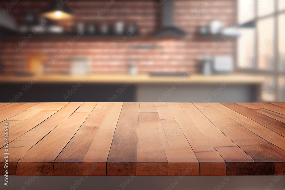 Wooden board blank table in front of blurred brick kitchen background, ai