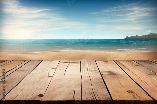 Wooden board blank table in front of blurred sea beach background, ai