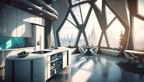 Everyone's dream modern interior elegant white bright kitchen with big windows and amazing design © Dniel