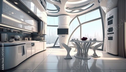 Everyone's dream modern interior elegant white bright kitchen with big windows and amazing design