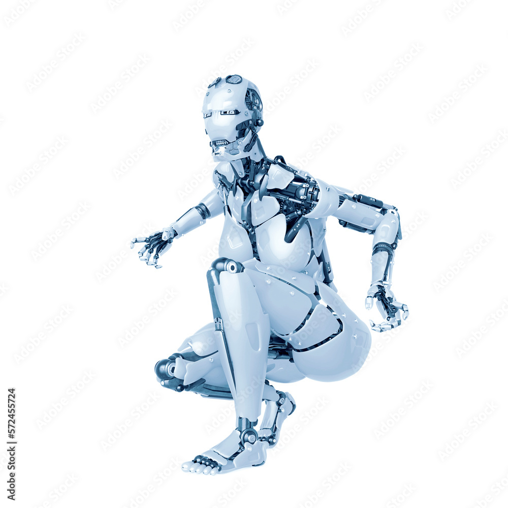 cyborg girl is crouching in action on white background