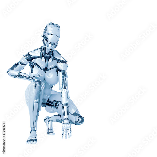 cyborg girl is crouching in action on white background with copy space