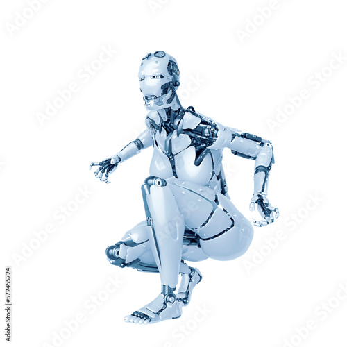 cyborg girl is crouching in action on white background © DM7