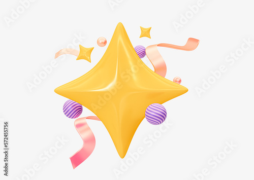3d big star with confetti and ribbons. Icon emoji. Confetti explosion as birthday surprise. 3D Rendering