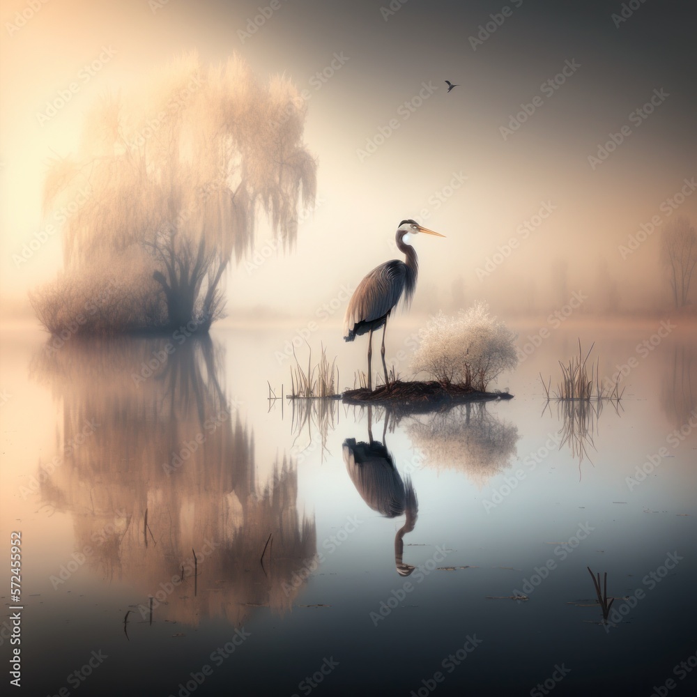 Fototapeta Heron on the morning lake.