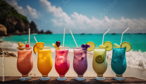 row of fresh fruit juice cocktail beverage on beach with seascape background, idea for happy tropical island travel vacation theme, Generative Ai