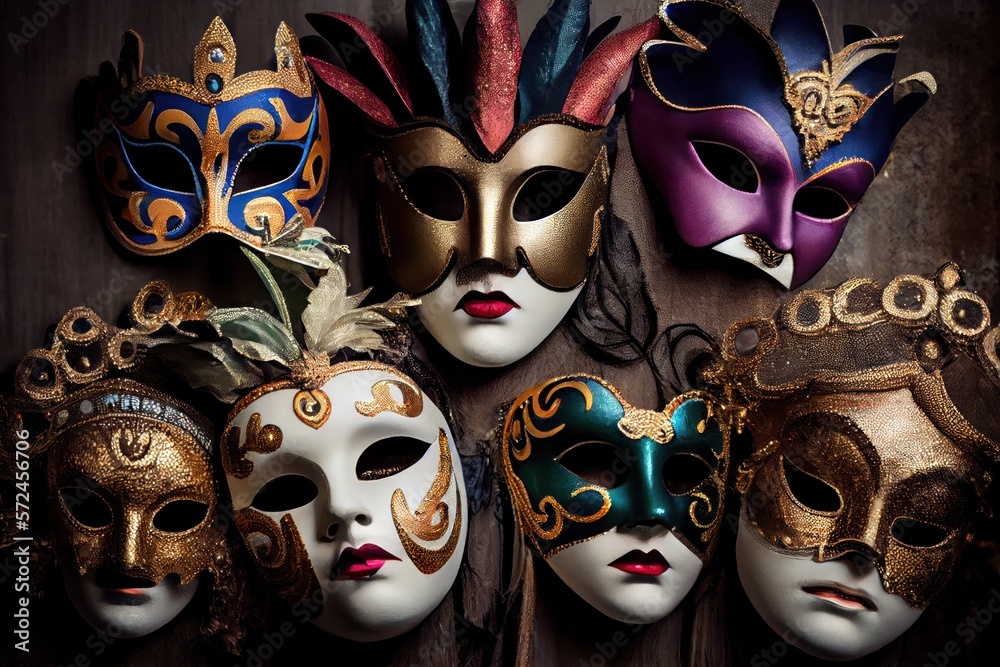 Carnival masks and costumes for Purim carnival or Mardi Gras. 