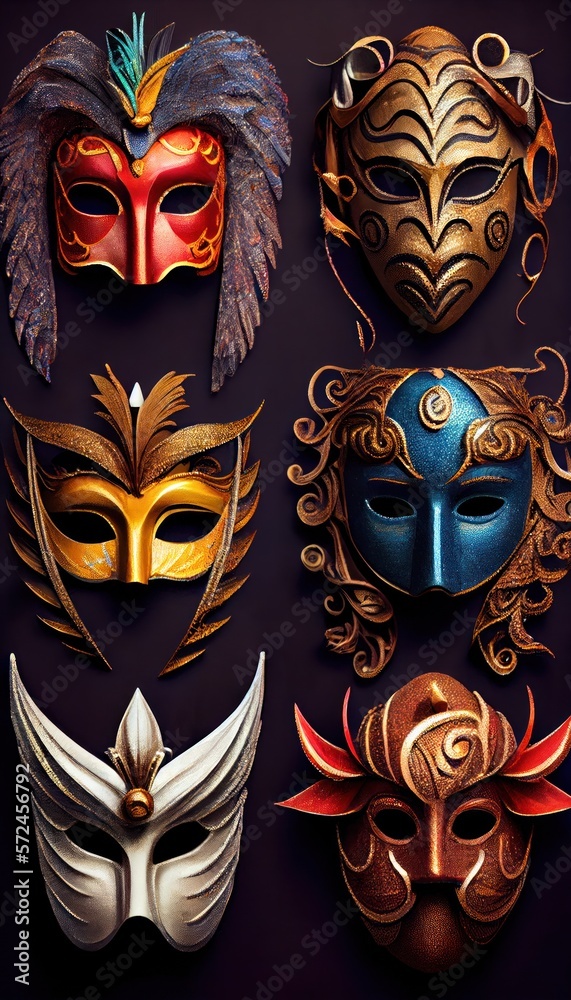 Carnival masks and costumes for Purim carnival or Mardi Gras. 