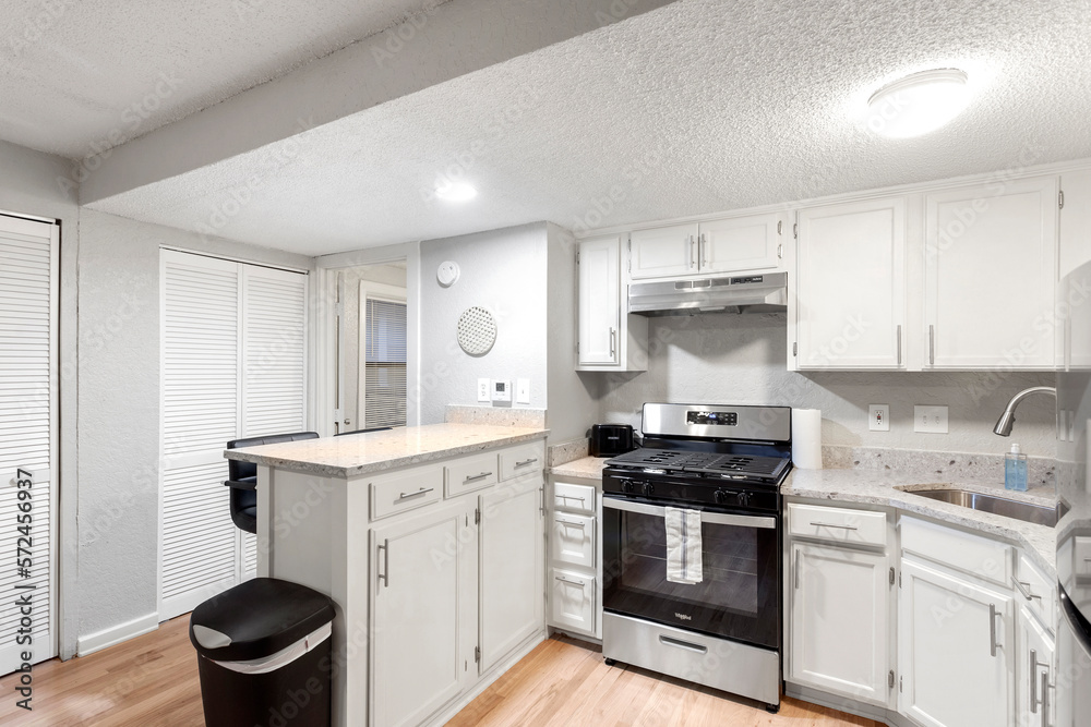 Modern Efficiency: Short-Term Rental with White Cabinets, Wood Floors, and Open Floor Plan Modern Efficiency: Short-Term Rental with White Cabinets, Wood Floors, and Open Floor Plan