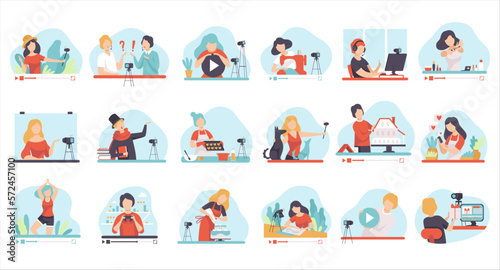 Set of bloggers and vloggers people making internet content and creating video for blog or vlog cartoon vector Illustration