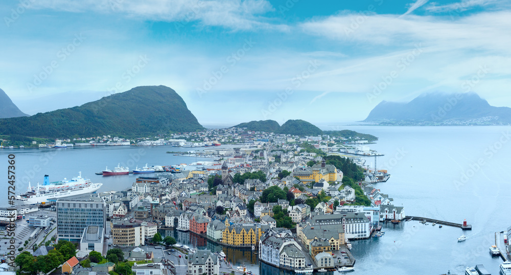 Alesund town (Norway) summer cloudy view from above. Panorama. All people unrecognizable.
