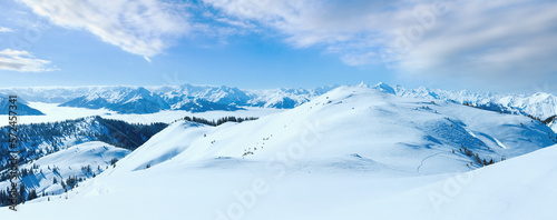Morning winter mountain panorama (Hochkoenig region, Austria).