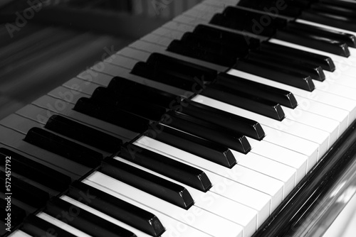 Piano keys side view with shallow depth of field 