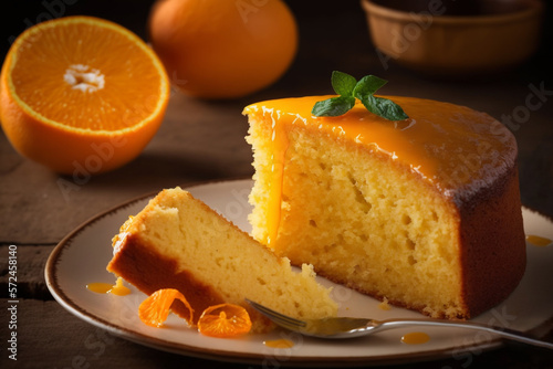 Delicious homemade Orange cake on a rustic wooden table.generative ai. photo