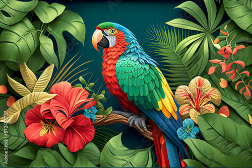 tropical rainforest with colorful parrot and palm leaves, vector illustration made with Generative AI © Marvin