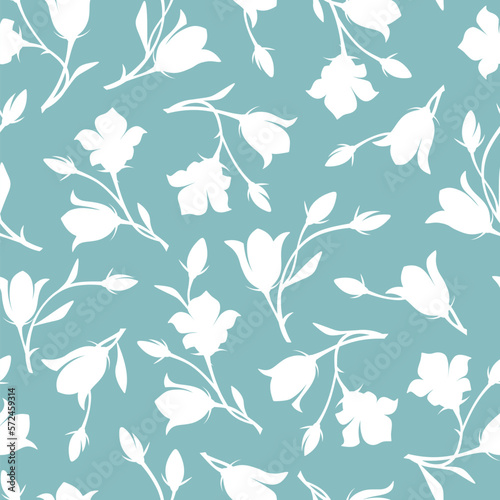 Seamless floral pattern with white bluebell (campanula) flowers on a blue background. Vector illustration