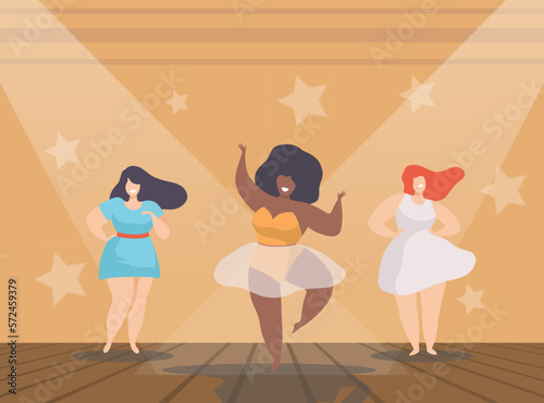 Happy dancing women. Plump female characters with different skin colors in casual clothes are moving in dance vector Illustration