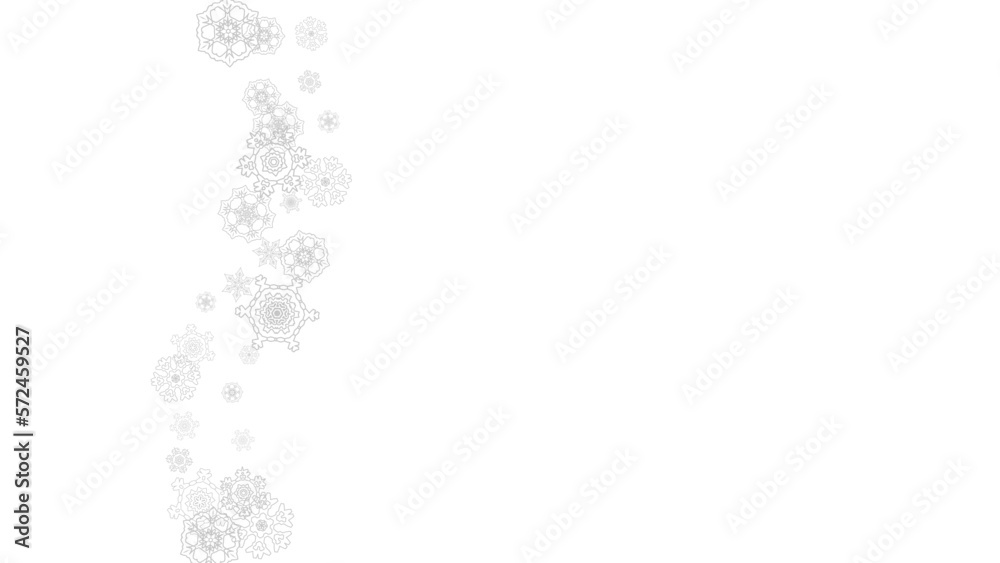Snowflakes falling on white background. Horizontal Christmas and Happy New Year theme. Silver falling snowflakes for banner, gift card, party invitation, partner compliment and special business offers