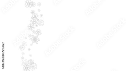 Snowflakes falling on white background. Horizontal Christmas and Happy New Year theme. Silver falling snowflakes for banner, gift card, party invitation, partner compliment and special business offers