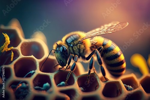 Bee on honeycomb, close-up, bee macrophotography. AI-Generated © Lemart