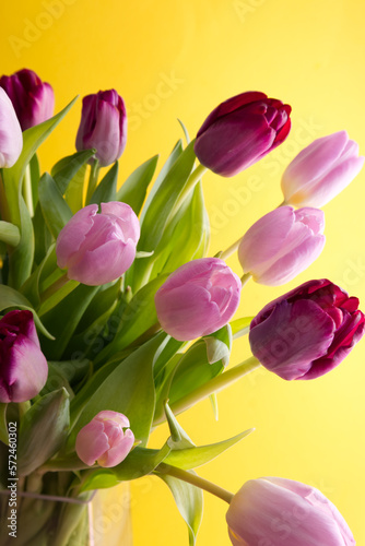 Fototapeta Naklejka Na Ścianę i Meble -  Bouquet of pink and lilac tulips on a yellow background close-up