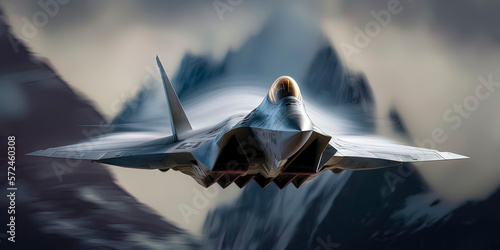 Lockheed Martin F-22 breaks the sound barrier over the swiss alps, sonic boom. AI-Generated photo