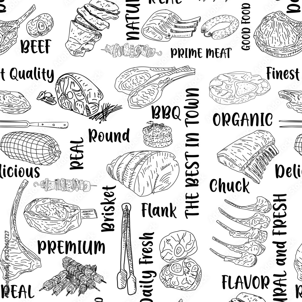 Meat seamless pattern. Hand-drawn vector illustration. Carved style. Food menu background. Sketch illustration.