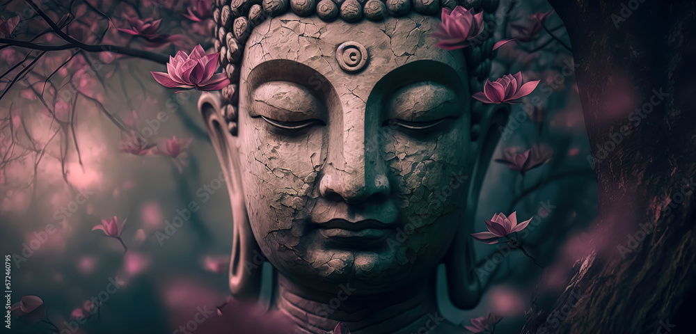 Buddha with his eyes open under a lotus tree spiritualcore . AI-Generated