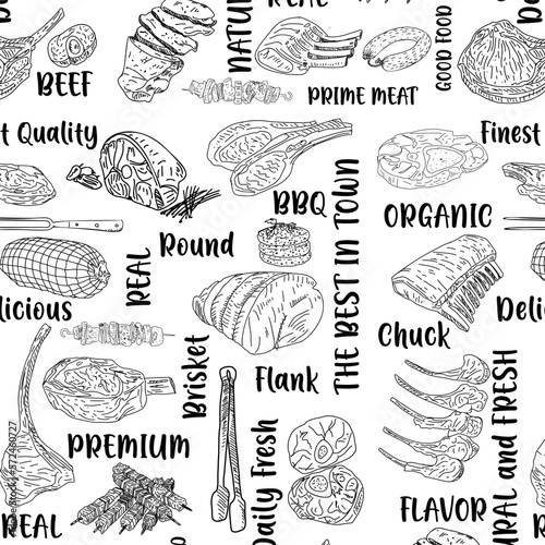 Meat seamless pattern. Hand-drawn vector illustration. Carved style. Food menu background. Sketch illustration.