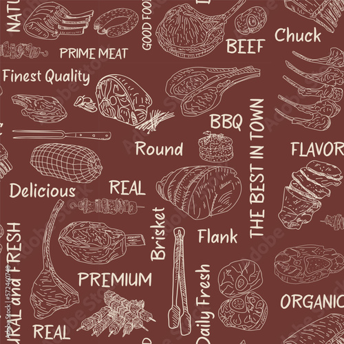 Meat seamless pattern. Hand-drawn vector illustration. Carved style. Food menu background. Sketch illustration.