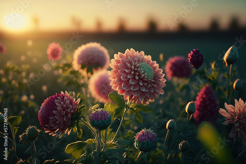 Dahlia flowers in a green field on a sunny day. AI-Generated