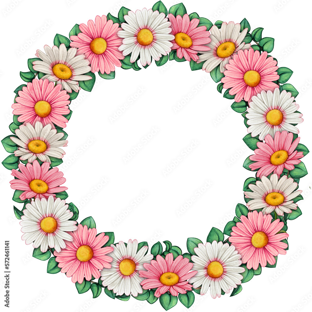 watercolor floral wreath of pink and white daisies