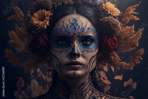 beautiful woman dressed for Mexican Day of the Dead. AI-Generated