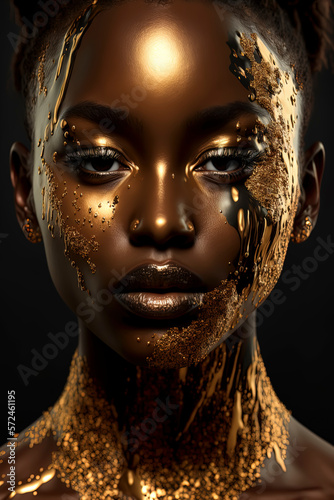 editorial photography  black woman  dripping in gold and glitter. AI-Generated