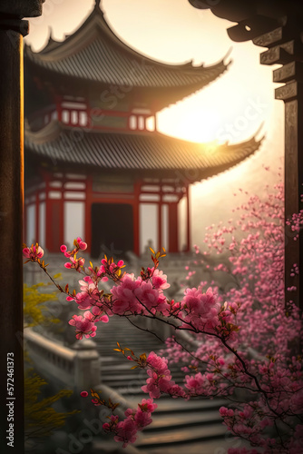 In the spring morning, pink flowers are blooming, and the background is blurred Chinese ancient architecture. AI-Generated