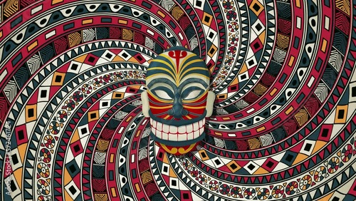 Tribal mask over a rotating spiral background, loop animation