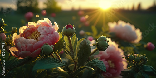 Peony flowers in a green field on a sunny day. AI-Generated.