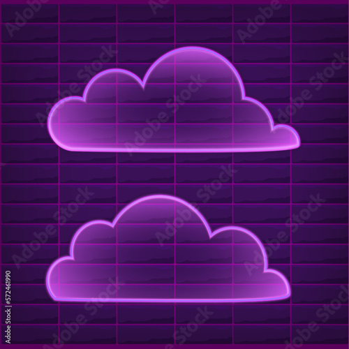 Vector Neon Clouds Set, Bright Purple Light, Icons Colelction Shining on Dark Background, Isolated Symbols.