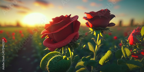 red Roses in a green field on a sunny day. AI-Generated