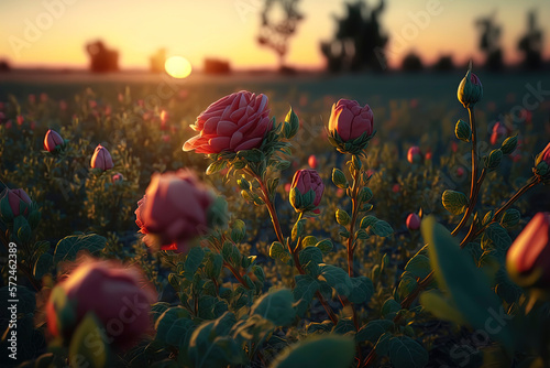 Roses in a green field on a sunny day. AI-Generated © Lemart