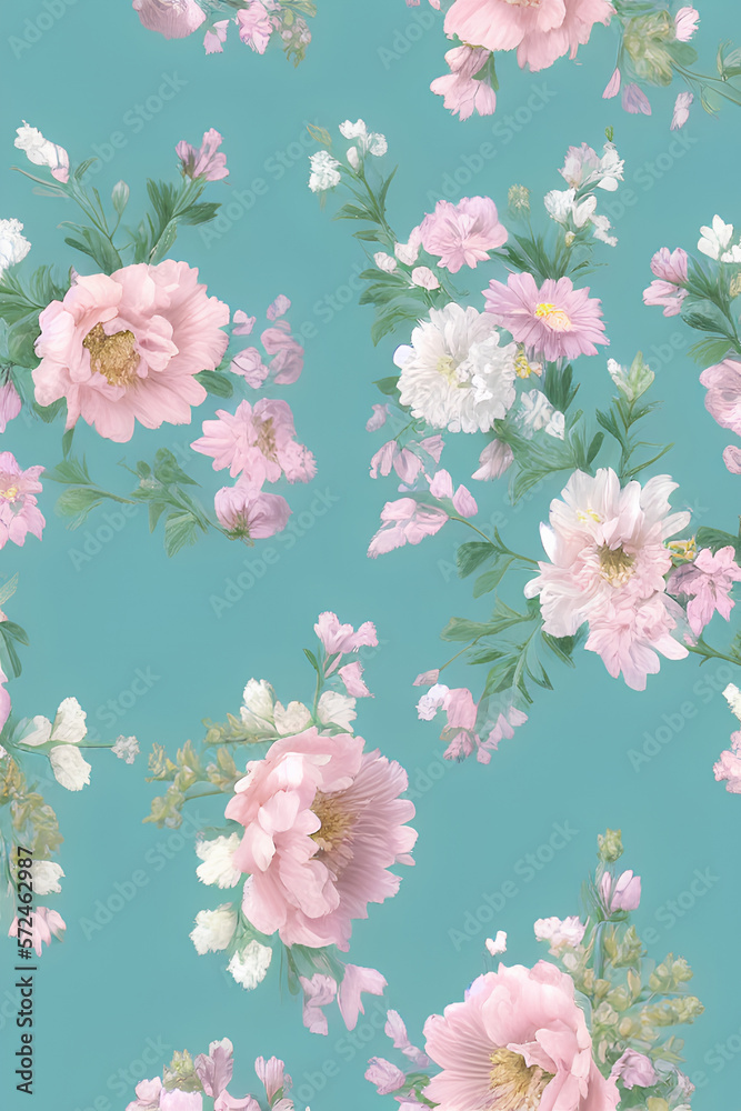 Spring flowers, summer, mixed, forming a pattern, white and pink, retro, green background. Generative AI